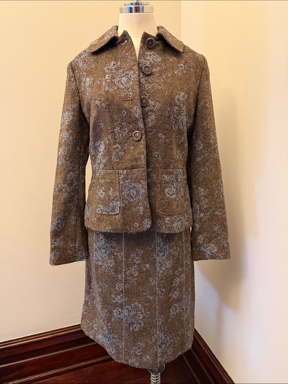 Ann Taylor Brown Floral Wool-Blend Jacket and Skirt Set